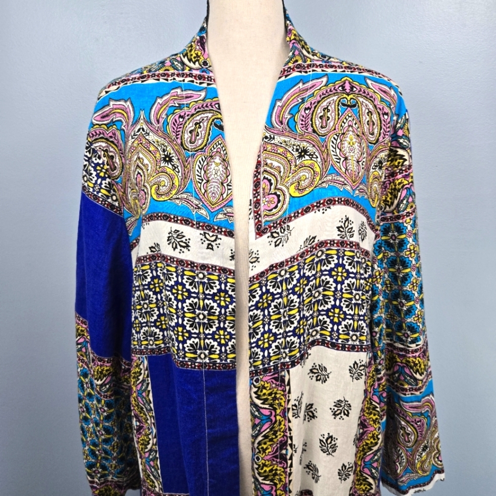 Chico's Patchwork Linen Topper Jacket Duster Kimono 3/4 Sleeve Size 3 16/18‎ NWT